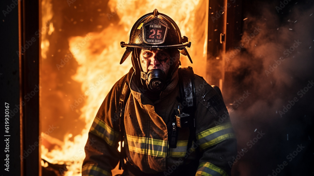 A firefighter in full gear entering a burning building to rescue someone in need Generative AI A firefighter in full gear entering a burning building to rescue someone in need Generative AI