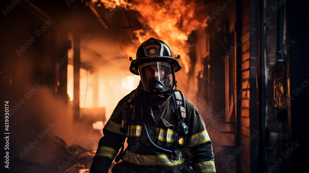 A firefighter in full gear entering a burning building to rescue someone in need Generative AI A firefighter in full gear entering a burning building to rescue someone in need Generative AI