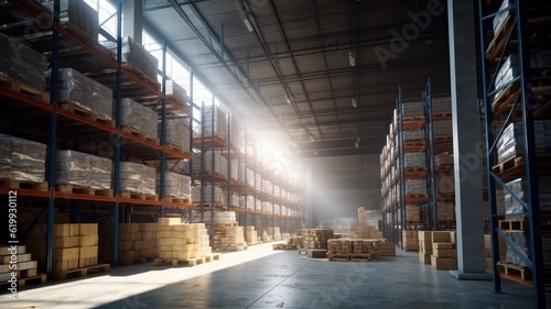 Large industrial warehouse. Tall racks completely filled with boxes and containers. Cardboard boxes on pallets. Daylight fills the room through the windows. Global logistic concept. 3D illustration.