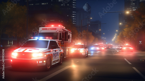 Emergency vehicles racing through the streets with flashing lights and sirens Generative AI © Наталья Евтехова