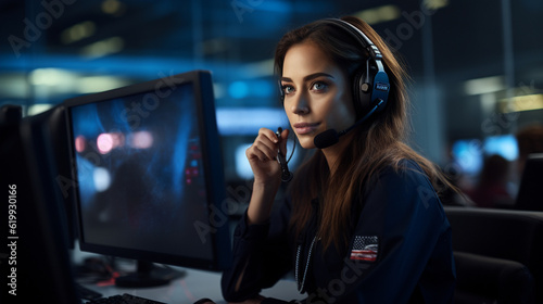 A close-up of a 911 operator answering a call, providing assistance in times of crisis Generative AI