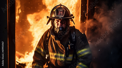 A firefighter in full gear entering a burning building to rescue someone in need Generative AI
