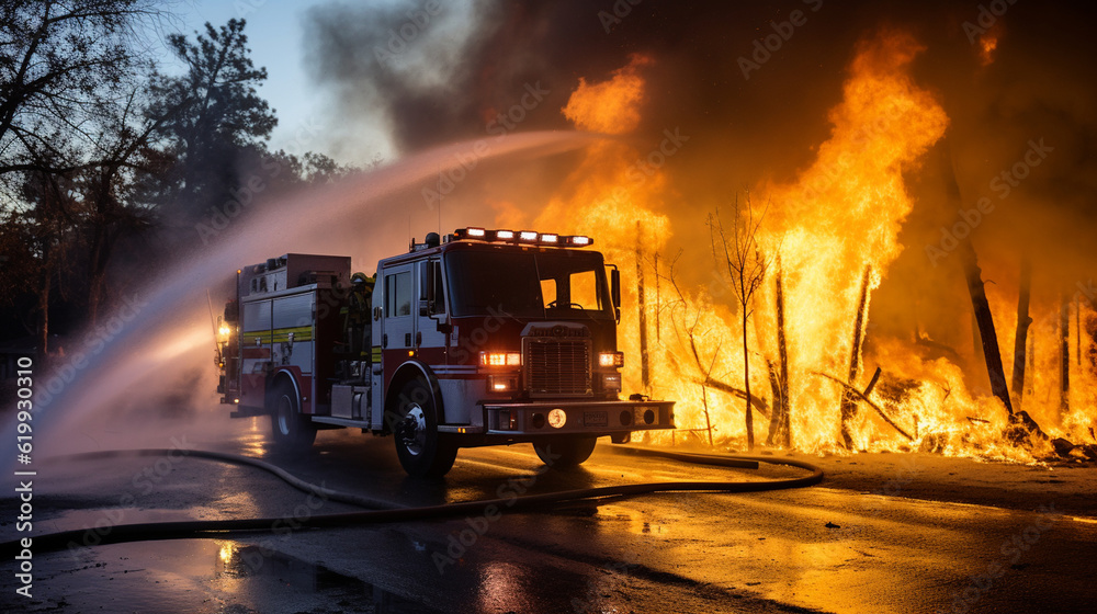 A fire truck spraying water on a raging fire, battling to save lives and property Generative AI A fire truck spraying water on a raging fire, battling to save lives and property Generative AI