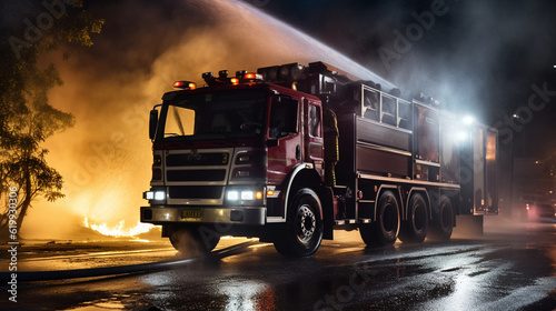 A fire truck spraying water on a raging fire, battling to save lives and property Generative AI