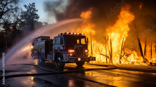 A fire truck spraying water on a raging fire  battling to save lives and property Generative AI