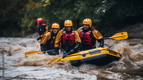 A swift water rescue team braving turbulent waters to save individuals stranded by floods Generative AI