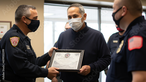 A first responder receiving recognition and gratitude from the community for their service Generative AI photo