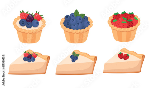 Cheesecake and tartlets with berries, Vector Illustration isolated on white background