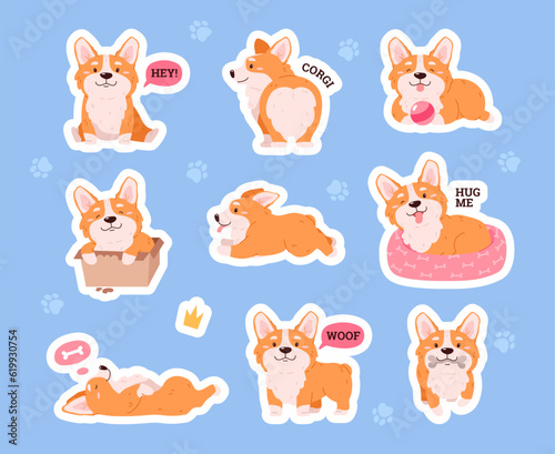 Pembroke Welsh Corgi funny stickers set flat vector illustration isolated.