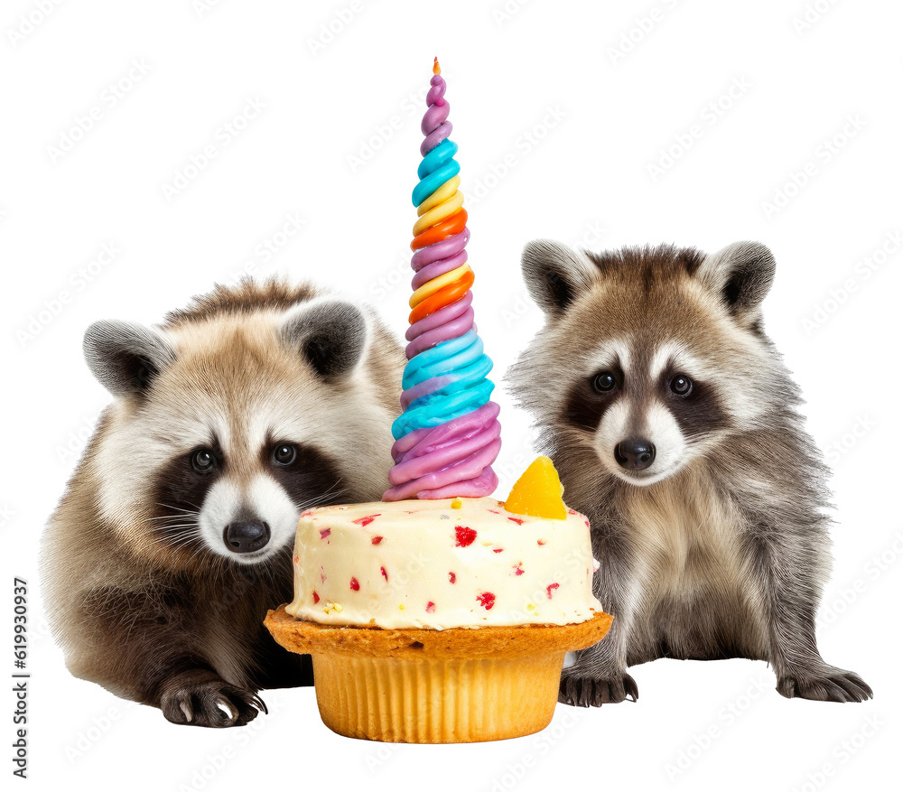 interesting racoons with a party hat sitting on a birthday cake, cute ...