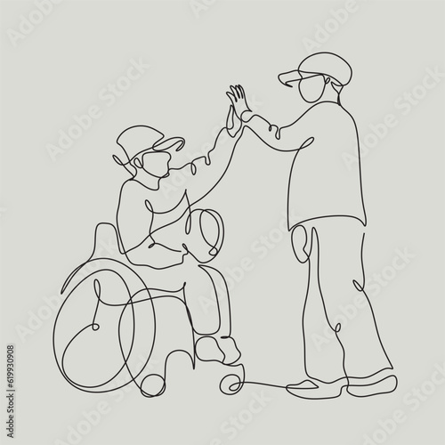 boy in wheelchair playing baseball with friend line vector