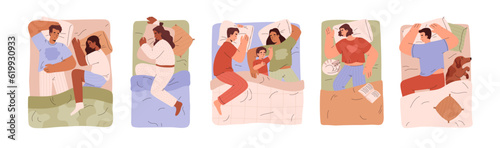 Cards about healthy sleep with people in beds, flat vector illustration.