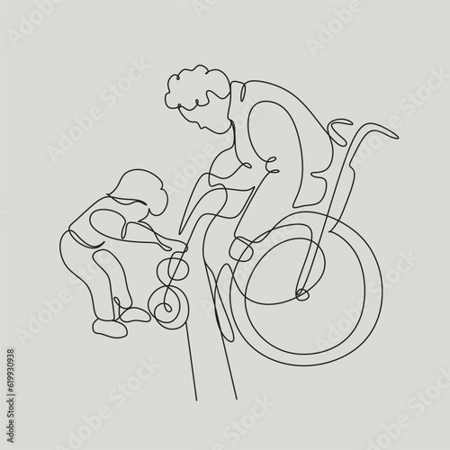 Disabled person line vector. Little boy helping a man in a wheelchair photo