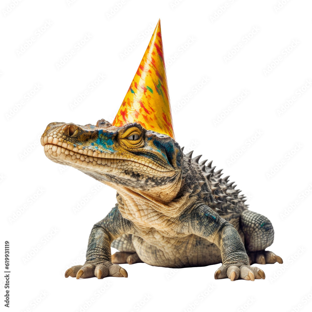 Naklejka premium grumpy crocodile wearing a party hat, isolated on a transparant background, funny animals, clipart cutout scrapbook