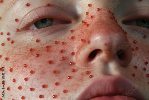Infectious or viral skin disease, red pimples, blisters, rash and inflammation on the face closeup, treatment of chickenpox, AI Generated