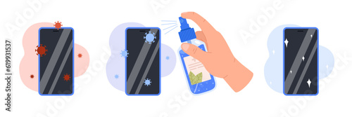 Antiviral disinfection of mobile phone with spray, vector illustration isolated.
