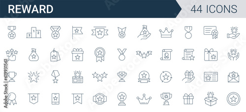 Reward icon set vector. star, Collection of trophy, rank, award, medal, achievements, awards, line illustration