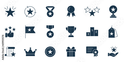 Reward icon set vector. Success icon, Contains icons prize, trophy, winner, gift, loyalty program, bonus card illustration