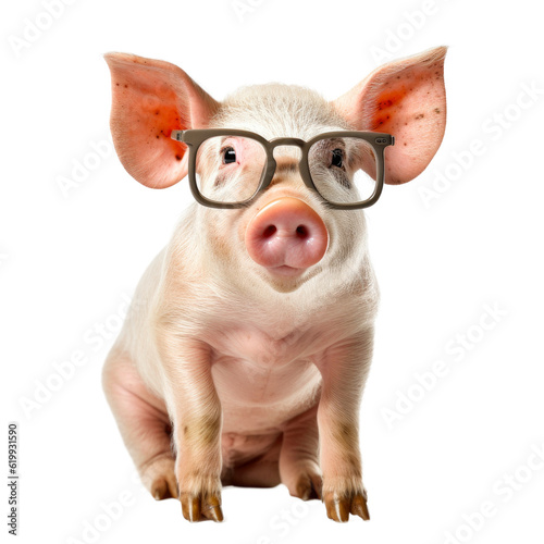 intelligent pig wearing glasses, funny animal isolated on a transparant background, clipart cutout scrapbook
