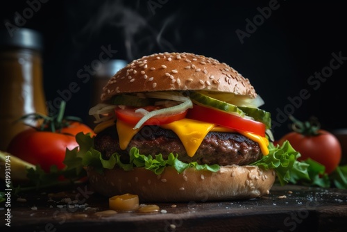 Close-up hamburger on wooden table with dark background. Generative AI