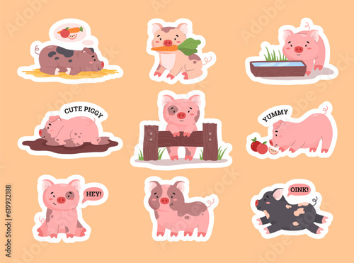 Set of stickers with funny pigs flat style, vector illustration