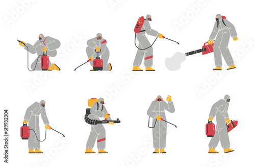 Set of pest control specialists flat style, vector illustration