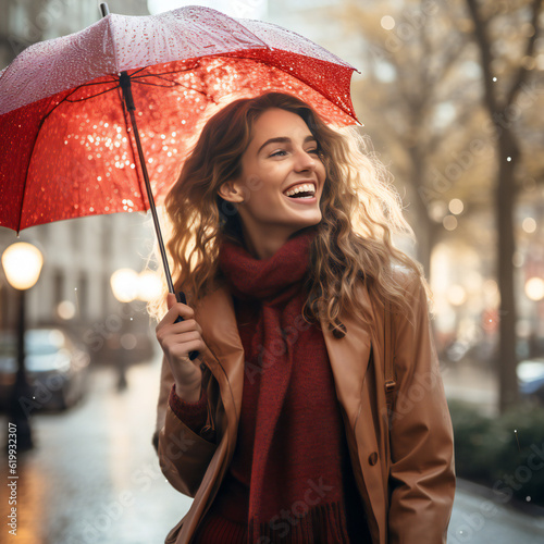 Woman, Young Girl holding Umbrella, happy, smiling, in the Rain