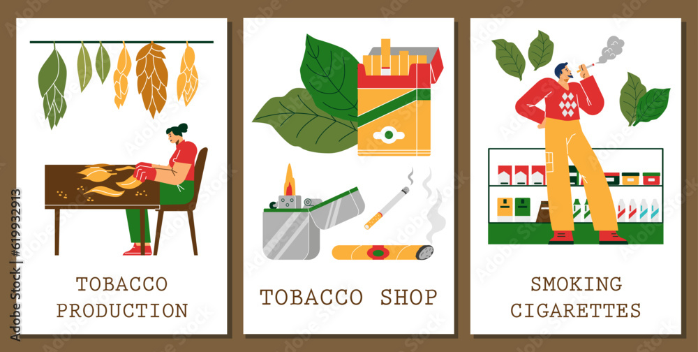Set of posters or vertical banners about tobacco industry flat style