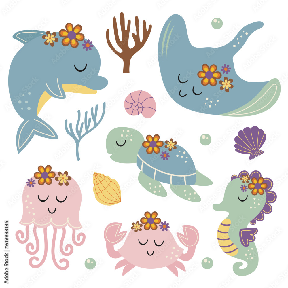 set of isolated nice sea animals