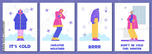 Set of posters or vertical banners with freezing people flat style