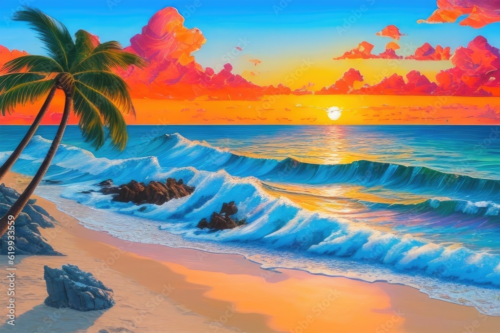 A beach scene (sunset) with palm trees and cloudy sky  created with Generative AI technology
