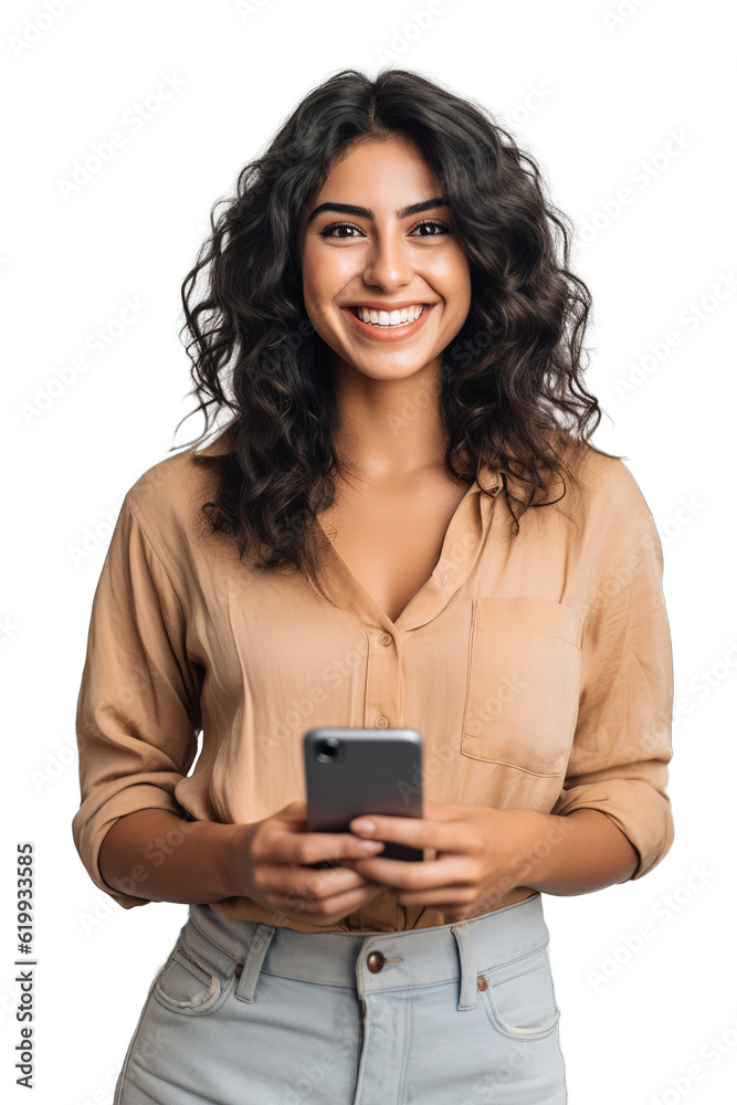 Latin American woman using smart phone smiling to the camera. Transparent background Latin American woman using smart phone smiling to the camera. Transparent background
