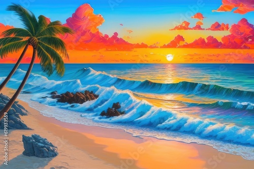 A beach scene (sunset) with palm trees and cloudy sky created with Generative AI technology