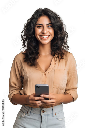Latin American woman using smart phone smiling to the camera. Transparent background photo