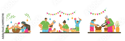 People celebrating Easter, happy family - flat vector illustration isolated on white background.