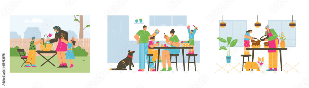 Easter preparations in family set of scenes flat vector illustration isolated.