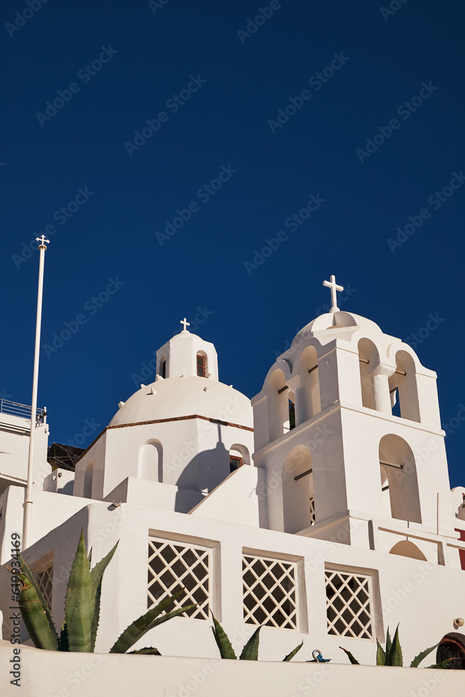 Saint Minas Holy Orthodox Church, Agiou Mina, Thera, Greece - White Church with Dome and Bell Tower