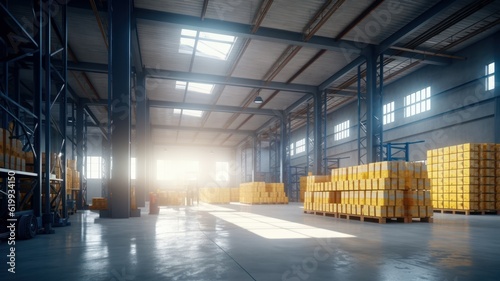 Large industrial warehouse. Tall racks are completely filled with boxes and containers. Many cardboard boxes on pallets in the sorting area. Global logistic concept. 3D illustration.