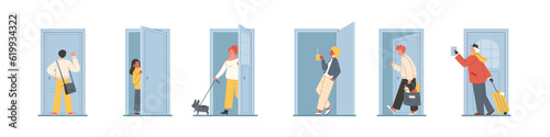 Set of people open doors flat style, vector illustration