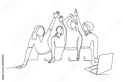 A group celebrates achieving goals. Achieve target at work