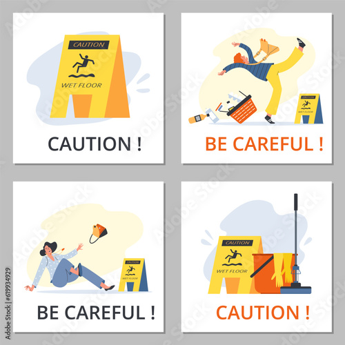 Set of squared banners about wet floor flat style, vector illustration