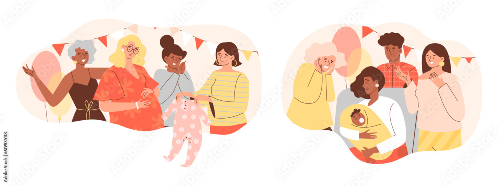 Set of baby shower party scenes flat style, vector illustration