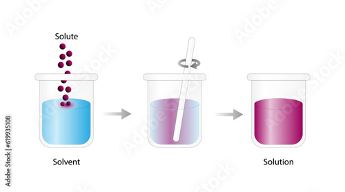 Solutions. Solubility homogeneous mixture. Solute, solvent and solution. Dissolving solids. Chemistry. Educational diagram. Conical flask, isolated on white background. Vector illustration.