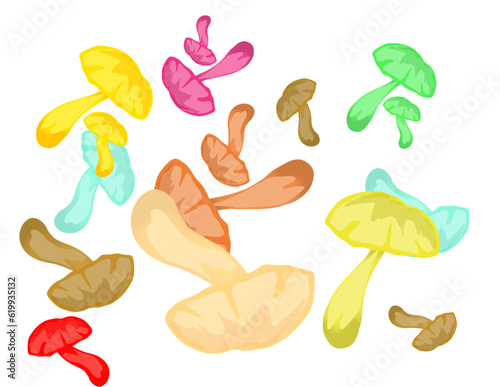 some colorful mushrooms flying loaded with a background