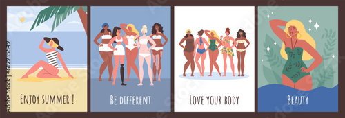 Set of posters or vertical banners with women in swimsuits flat style