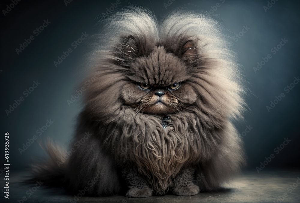 Portrait of a grumpy fluffy gray cat. Created with Generative AI.