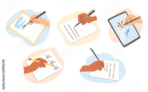 Set of hands holding pens and brushes flat style, vector illustration