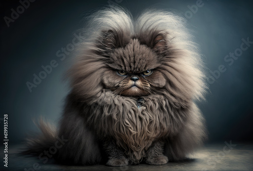 Portrait of a grumpy fluffy gray cat. Created with Generative AI.