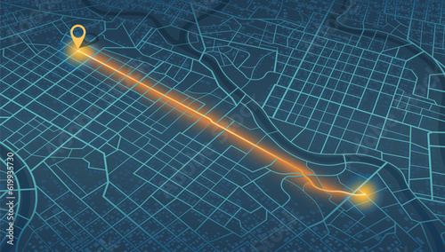 Location tracks dashboard. City street road. City streets and blocks, route distance data, path turns and destination tag or mark. Huge city top view. ector, illustration. Abstract background.