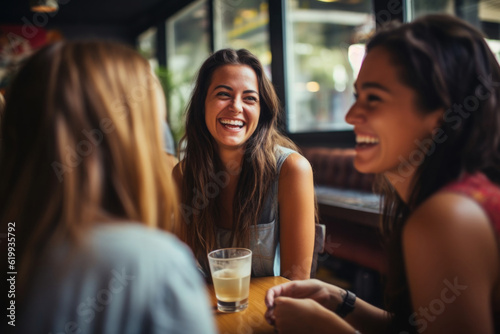 Happy female friends meeting in cafe. Group of people sitting in restaurant, talking and laughing. Women spending time together. Created with Generative AI